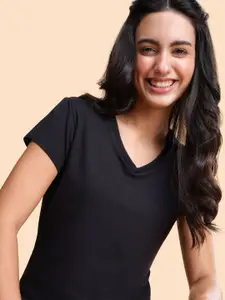 Enamor Women V-Neck Stretch Short Sleeves Cotton Basic Tee E067