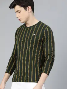 WROGN Men Olive Green Striped Round Neck Pure Cotton T-shirt