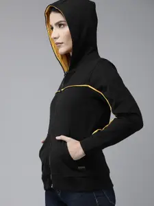 Roadster Women Black Solid Front-Open Hooded Sweatshirt With Contrast Details