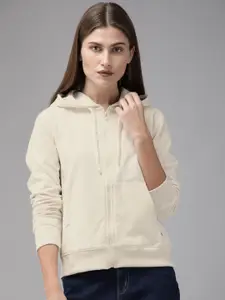 Roadster Women Cream-Coloured Solid Hooded Front-Open Green Turn Sweatshirt