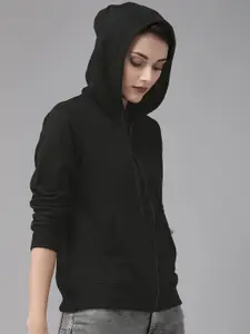 Roadster Women Black Solid Hooded Front-Open Green Turn Sweatshirt