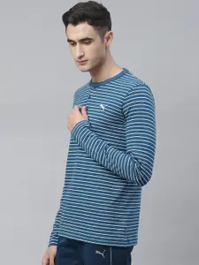 Puma Men Teal Blue  White Striped Henley Neck Pure Cotton T-shirt