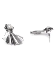 Priyaasi White Oxidised Silver-Plated German Silver Floral Contemporary Drop Earrings