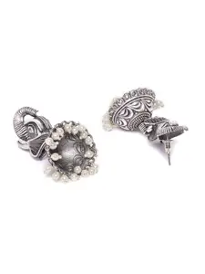 Priyaasi Off-White Oxidised Silver-Plated German Silver Elephant Shaped Jhumkas