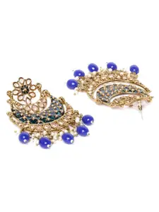 Priyaasi Blue Gold-Plated Stone Studded & Beaded Handcrafted Crescent Shaped Chandbalis
