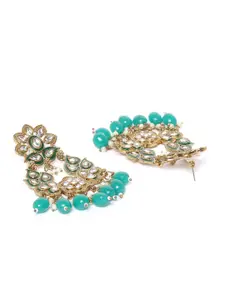 Priyaasi Green Gold-Plated Kundan-Studded Beaded Handcrafted Floral Drop Earrings