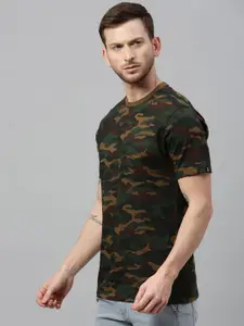 Urbano Fashion Men Brown  Green Camouflage Printed Slim Fit Round Neck Pure Cotton T-shirt