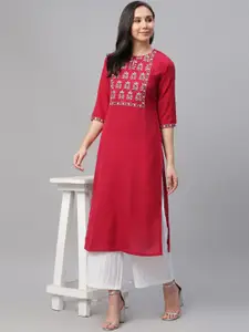 Libas Women Maroon & White Embroidered Straight Kurta