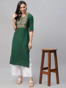 Libas Women Green & Pink Embroidered Yoke Design Straight Kurta