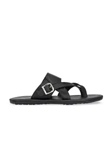 SHENCES Men Black Leather Sandals