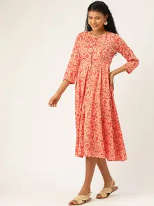 Shae by SASSAFRAS Women Peach-Coloured Printed A-Line Dress