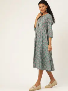 Shae by SASSAFRAS Women Green & Pink Ethnic Print A-Line Dress