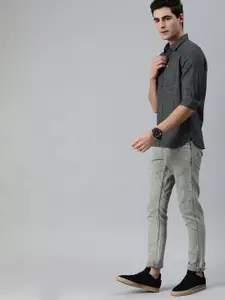 WROGN Men Charcoal Grey & Maroon Slim Fit Self Design Casual Shirt