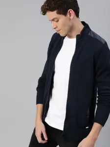 WROGN Men Navy Blue Solid Front-Open Sweater