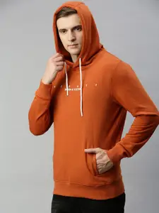 WROGN Men Rust Orange Solid Hooded Sweatshirt with Printed Detail