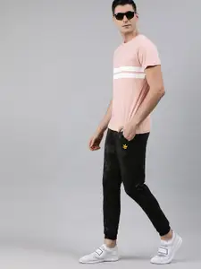 WROGN Men Peach-Coloured  White Slim Fit Striped Round Neck Pure Cotton T-shirt