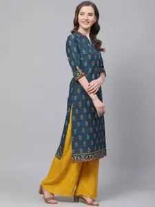 Biba Women Navy Blue & Orange Printed Straight Kurta