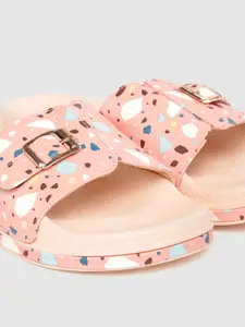 DressBerry Women Pink & White Abstract Print Sliders with Buckle Detail