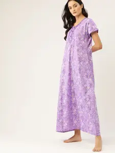 ETC Lavender & White Ethnic Motifs Print Pure Cotton Maxi Nightdress