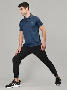 CHKOKKO Men Blue Self Design Polo Collar Gym T-shirt