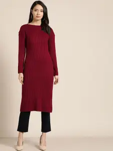 Sangria Maroon Self Striped Straight Winter Kurta