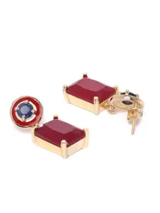 Carlton London Maroon Gold-Plated Artificial Stone Studded Geometric Drop Earrings