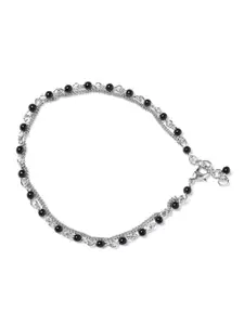 Carlton London Set of 2 Silver-Toned & Black Rhodium-Plated Beaded Handcrafted Anklets