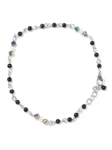 Carlton London Set of 2 Silver-Toned & Black Rhodium-Plated Beaded Handcrafted Anklets
