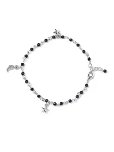 Carlton London Set of 2 Silver-Toned & Black Rhodium-Plated Beaded Handcrafted Anklets