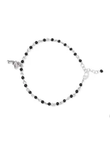 Carlton London Set of 2 Silver-Toned & Black Rhodium-Plated Beaded Handcrafted Anklets