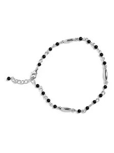 Carlton London Set of 2 Silver-Toned & Black Rhodium-Plated Beaded Handcrafted Anklets