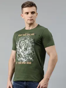SPYKAR Men Olive Green Printed Round Neck Pure Cotton T-shirt