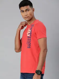 SPYKAR Men Coral Pink Printed Round Neck Pure Cotton T-shirt