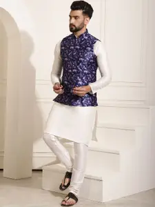 SOJANYA Men Off-White & Purple Solid Kurta Set with Printed Nehru Jacket