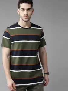 Roadster Men Olive Green & Navy Blue Pure Cotton Striped Round Neck T-shirt