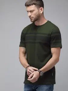 Roadster Men Olive Green  Black Striped Round Neck Pure Cotton T-shirt