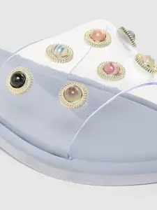 DressBerry Women Blue & Gold-Toned Embellished Open Toe Flats