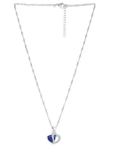 Sukkhi Rhodium-Plated Silver-Toned & Blue Crystal-Studded Joint Valentine Heart Pendant With Chain