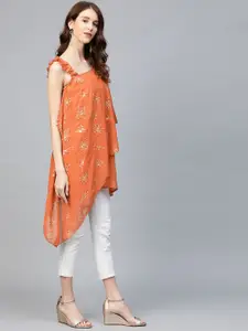 Ahalyaa Women Rust Orange & Golden Printed One Sleeve Asymmetric Layered Kurti
