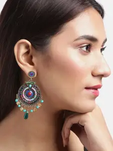 Jewels Galaxy Multicoloured Gold-Plated Stone Studded & Beaded Drop Earrings