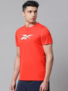 Reebok Men Coral Red & White Slim Fit Brand Logo Print Training T-shirt