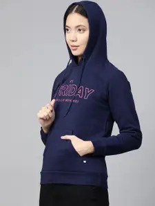 Allen Solly Woman Navy Blue & Pink Printed Hooded Sweatshirt