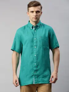 Tommy Hilfiger Men Sea Green Regular Fit Solid Linen Casual Shirt