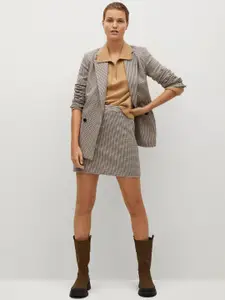 MANGO Women Brown & Black Checked Mini Straight Skirt