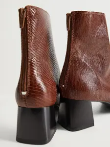 MANGO Women Brown Snakeskin Textured Mid-Top Leather Heeled Boots