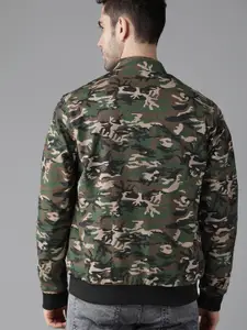 Roadster Men Black & Grey Camouflage Printed Reversible Bomber Jacket