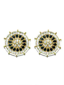 KARATCART Black & Gold-Plated Kundan Circular Drop Earrings