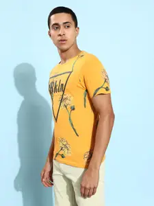 Moda Rapido Men Mustard Yellow  Black Floral Printed Round Neck Pure Cotton T-shirt