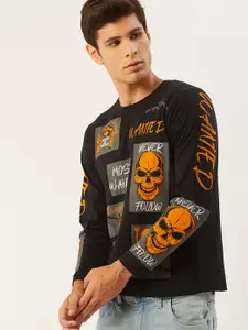 Moda Rapido Men Black  Orange Graphic Printed Pure Cotton T-shirt