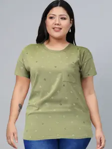 Roadster Women Olive Green  White Printed Round Neck Pure Cotton T-shirt with Pocket